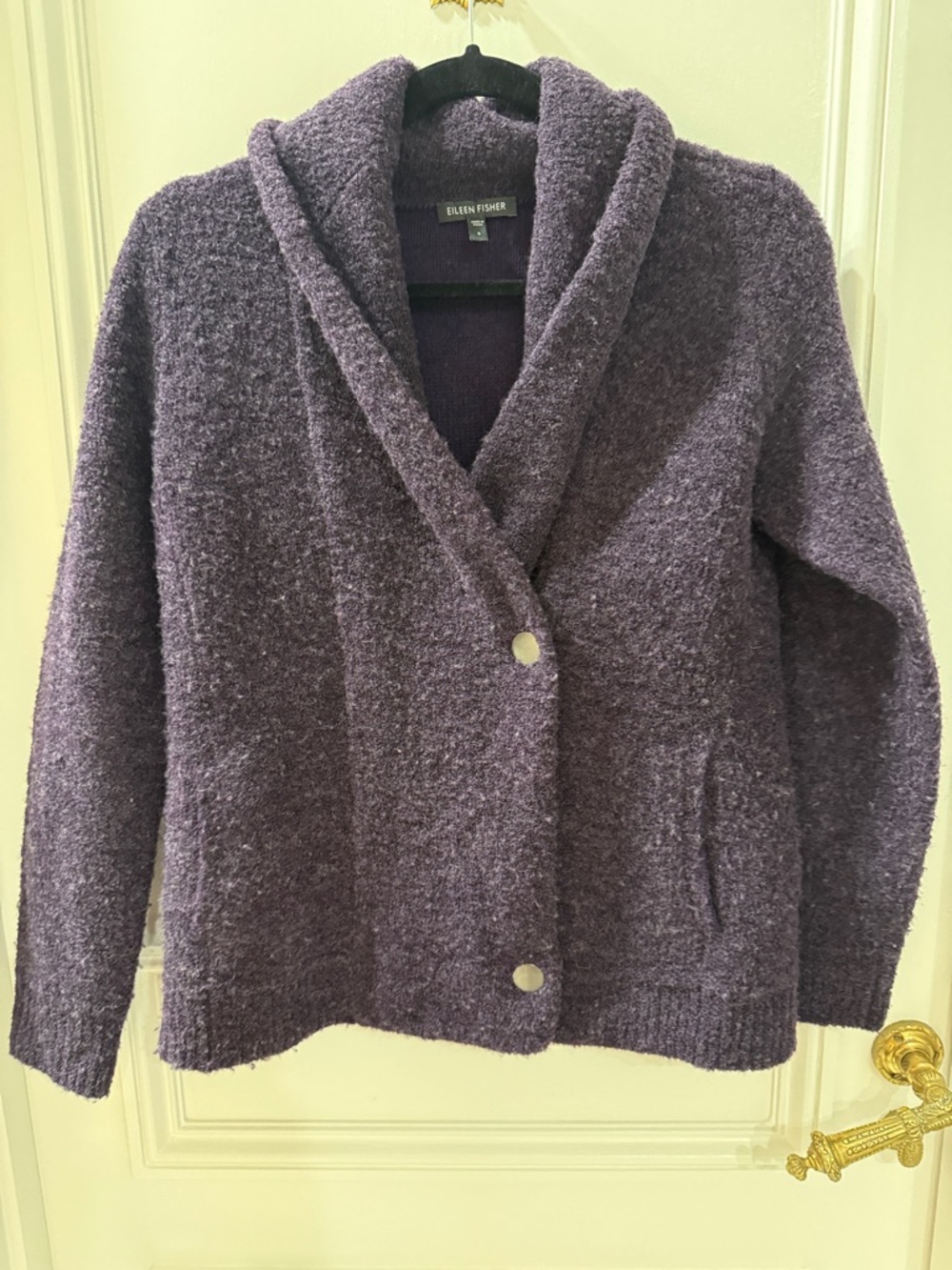 Eileen Fisher Deep Purple Shawl-Collar Bouclé Cardigan
